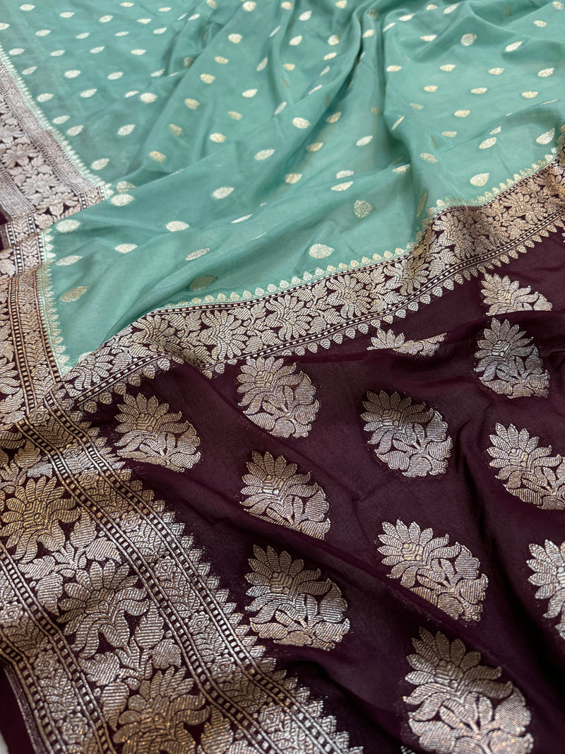 Serene Sophistication: The Sea Green & Brown Pure Chiffon Georgette Banarasi Saree