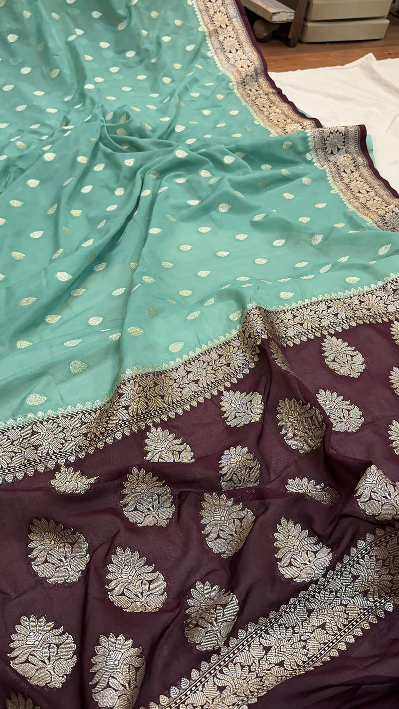 Serene Sophistication: The Sea Green & Brown Pure Chiffon Georgette Banarasi Saree