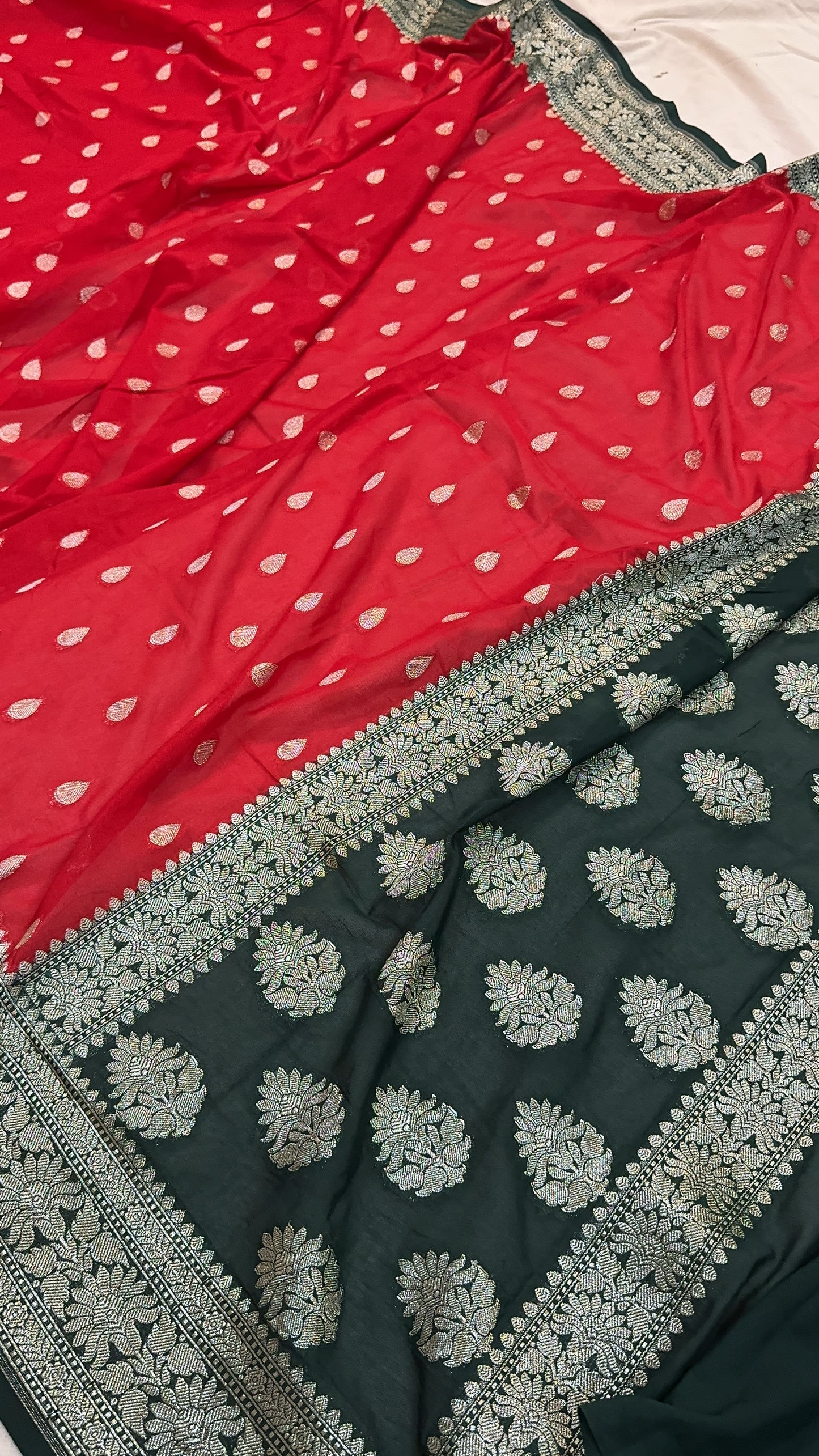 Vibrant Fusion: The Red & Green Pure Chiffon Georgette Banarasi Saree by Shades Of Benares - banarasi - banarasi saree shop