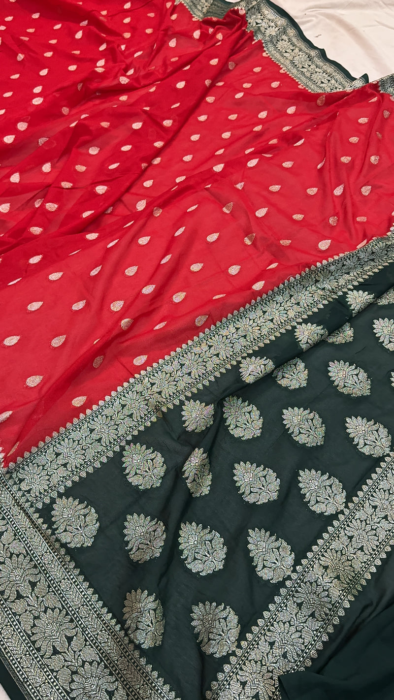 Vibrant Fusion: The Red & Green Pure Chiffon Georgette Banarasi Saree