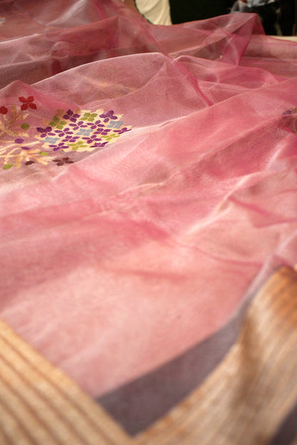 Blush of Elegance: Pink Kadhwa Tilfi Buta Pure Kora Silk Handloom Banarasi Saree by Shades Of Benares - banarasi - banarasi saree shop