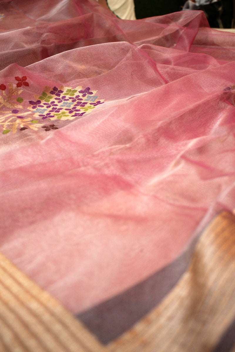 Blush of Elegance: Pink Kadhwa Tilfi Buta Pure Kora Silk Handloom Banarasi Saree by Shades Of Benares - banarasi - banarasi saree shop