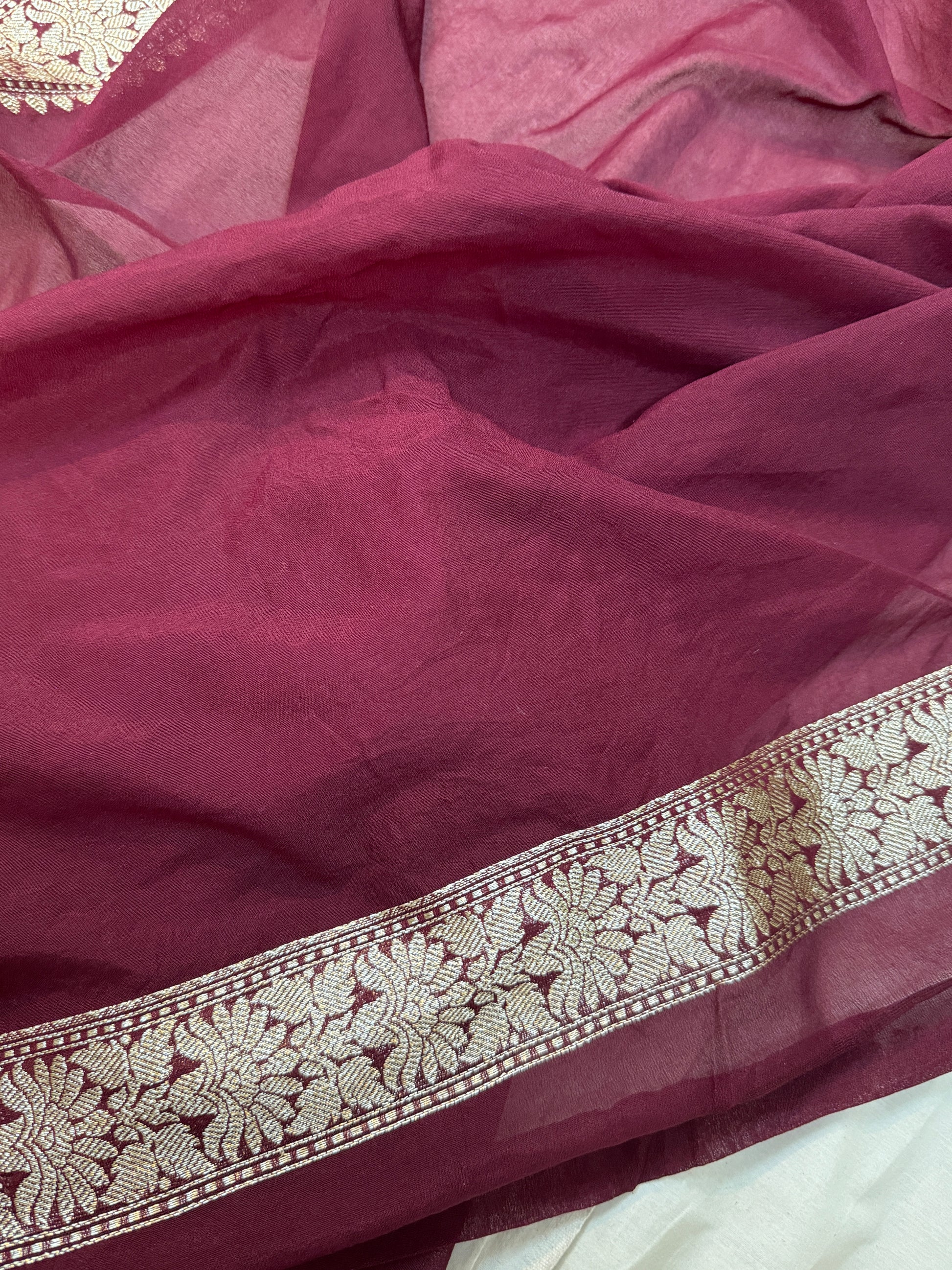 Opulent Elegance: The Wine Chiffon Georgette Banarasi Saree by Shades Of Benares - banarasi - banarasi saree shop