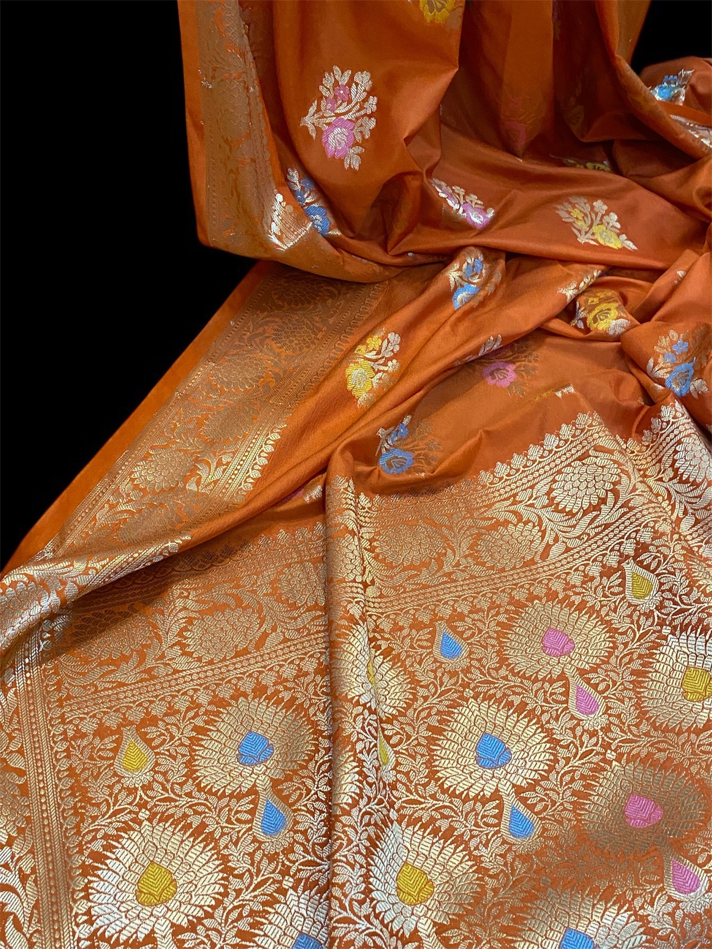 Orange Pure Soft Silk Designer Banarasi Saree with Tilfi Butis by Shades Of Benares - banarasi - banarasi saree shop