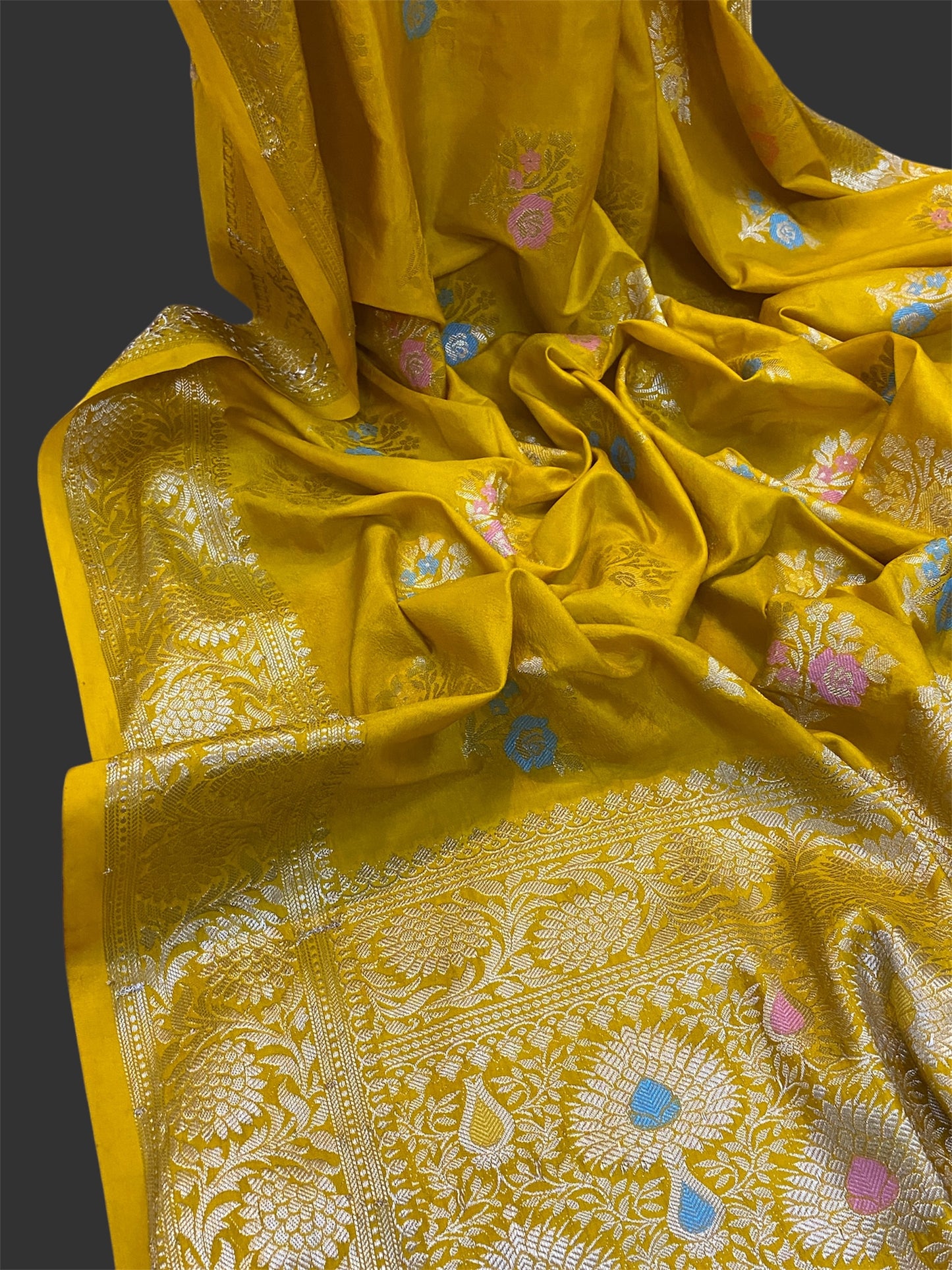 Yellow Pure Soft Silk Designer Banarasi Saree with Tilfi Butis by Shades Of Benares - banarasi - banarasi saree shop