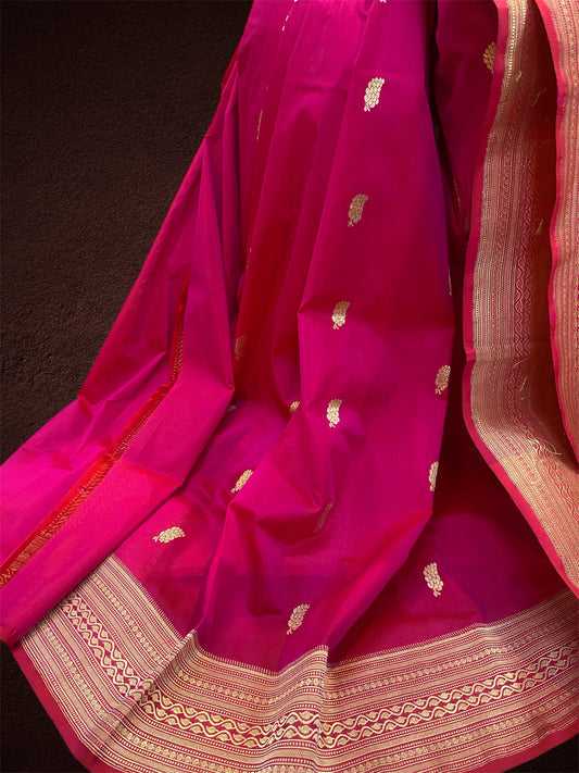 Rani Pink Pure Silk Traditional Banarasi Saree with Kadhwa Butis by Shades Of Benares - banarasi - banarasi saree shop