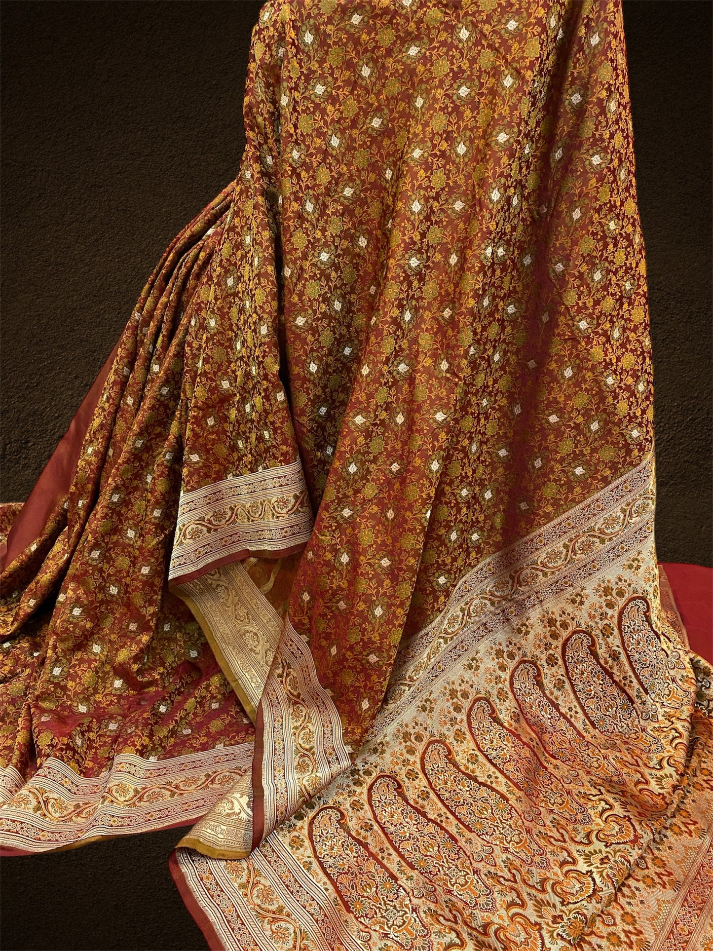 Brown Pure Silk Jaamewar Designer Banarasi Saree with Tanchui Weave by Shades Of Benares - banarasi - banarasi saree shop