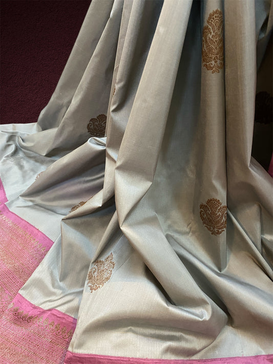 Grey Pure Silk Traditional Banarasi Saree with Kadhwa Butis by Shades Of Benares - banarasi - banarasi saree shop