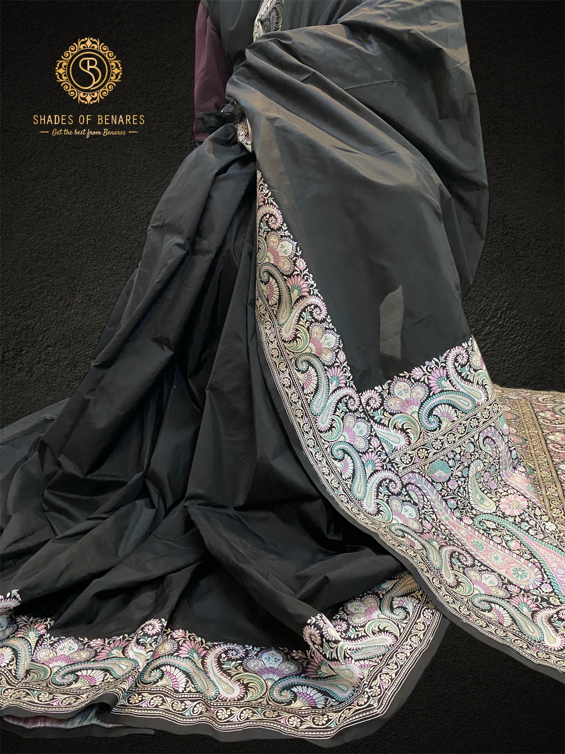 Black Pure Silk Classic Banarasi Saree with Kadhwa Border and Palla by Shades Of Benares - banarasi - banarasi saree shop