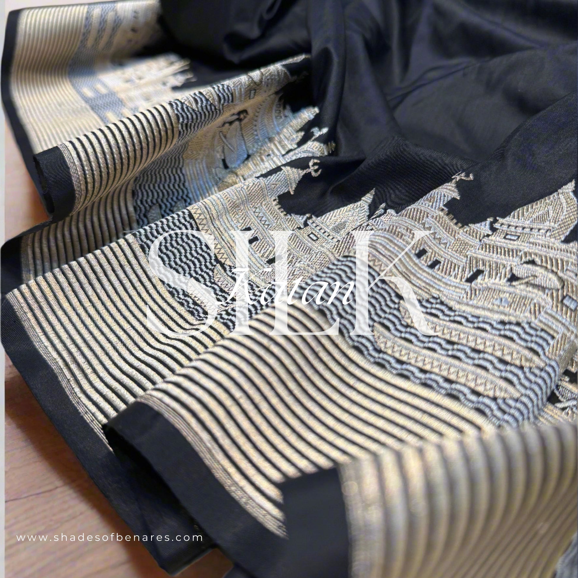 The Black Pure Silk Handloom Banarasi Saree with Kadhwa Banaras Ghats by Shades Of Benares - banarasi - banarasi saree shop - banarasi saree manufacturers - banarasi saree wholesale - banaraasi sarees