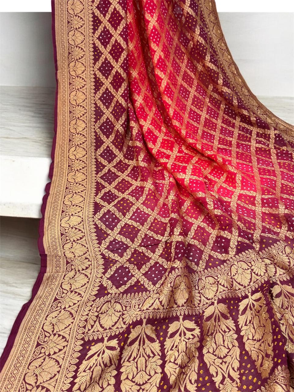 Stunning Wine and Pink Bandhani Dupatta by Shades Of Benares - banarasi - banarasi saree shop