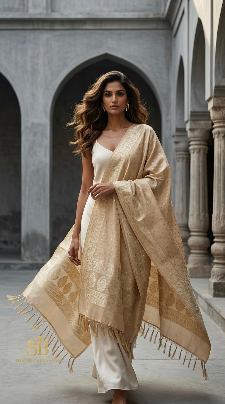 Alabaster Royale Creme Couture Handloom Banarasi Katan Silk Dupatta - Shades of Banaras