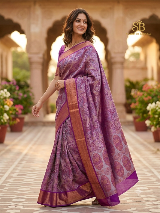 Amethyst purple silk brocade Banarasi handloom saree with paisley pattern