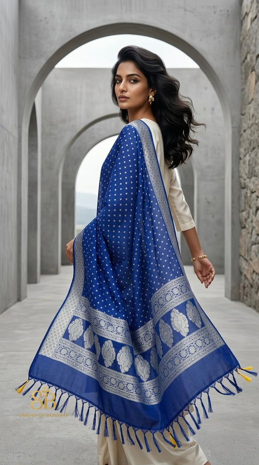 Azure Royale Blue Luxe Handloom Banarasi Katan Silk Dupatta - Shades of Banaras