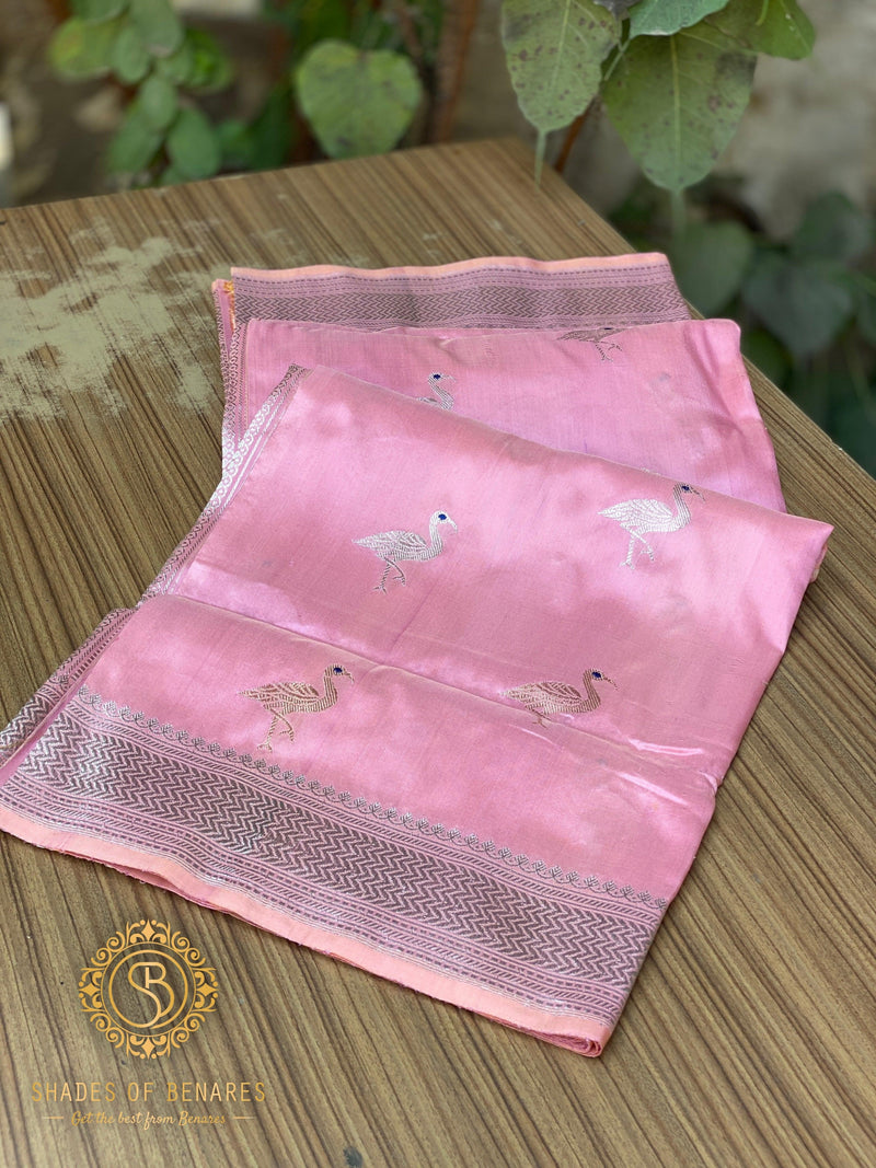 Baby Pink Kadhwa Sona Rupa Handloom Shikargaah Pure Silk Banarasi Sari - Exquisite Designer Sari - Shades Of Benares