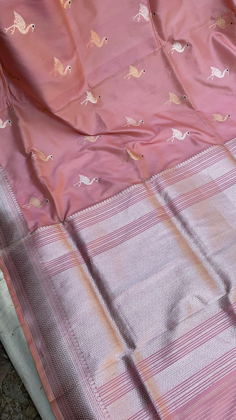 Baby Pink Kadhwa Sona Rupa Handloom Shikargaah Pure Silk Banarasi Sari - Exquisite Designer Sari - Shades Of Benares