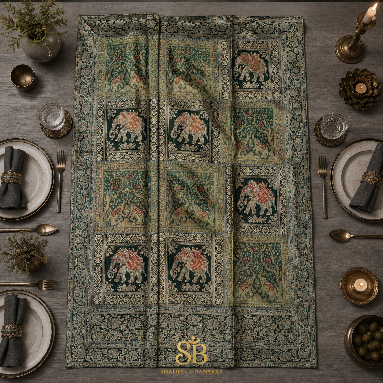 Verde Imperiale Artigianale Couture Pure Brocade Silk Banarasi Table Runner – authentic Banarasi handloom weave – Shades of Banaras