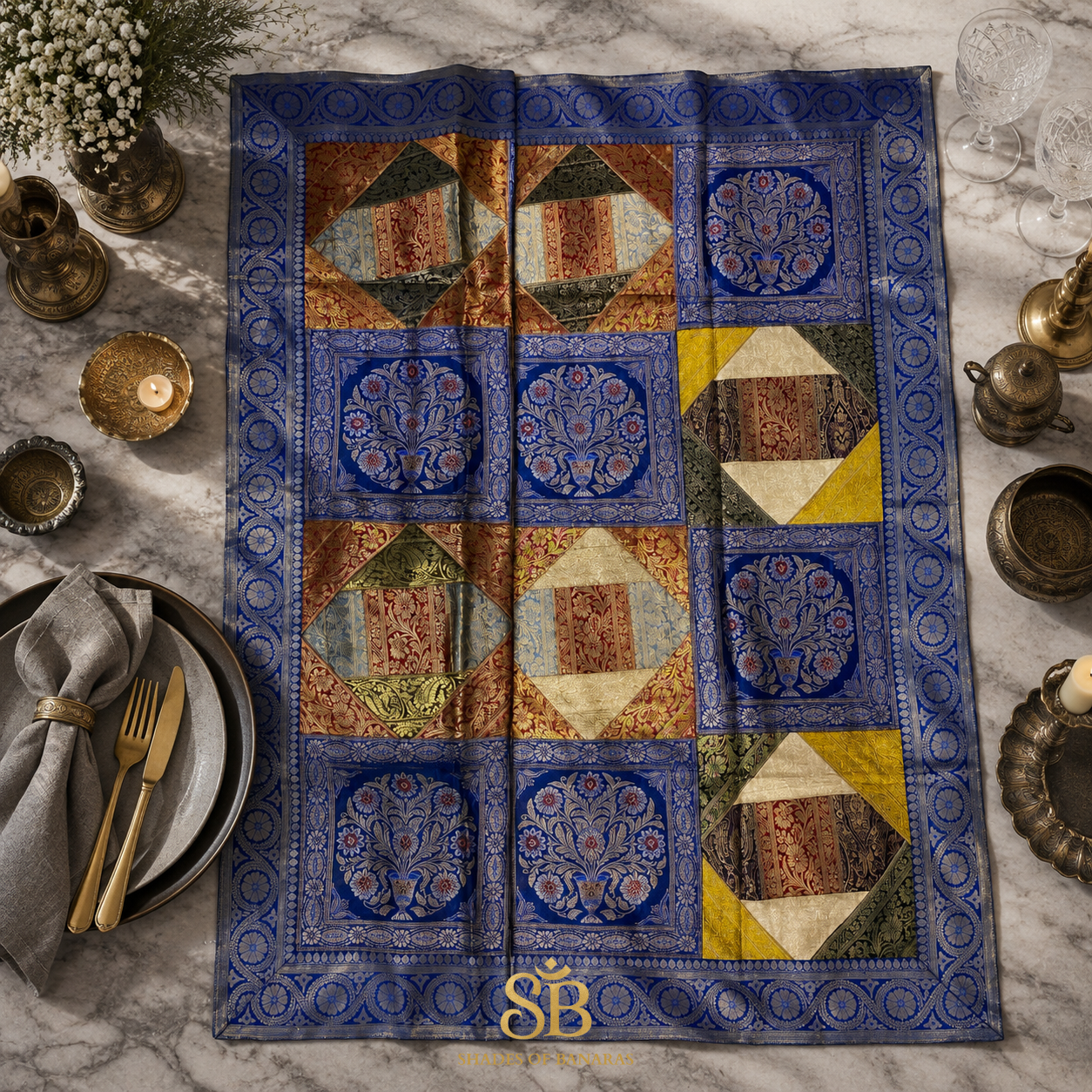 Blu Maestoso Tessitura Couture Pure Brocade Silk Banarasi Table Runner – authentic Banarasi handloom weave – Shades of Banaras