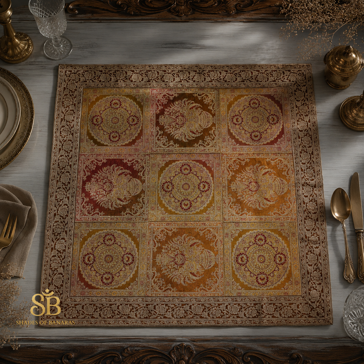Arancio Vivace Artigianale Couture Pure Brocade Silk Banarasi Table Runner – authentic Banarasi handloom weave – Shades of Banaras