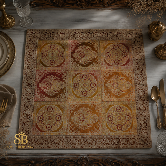 Arancio Vivace Artigianale Couture Pure Brocade Silk Banarasi Table Runner – authentic Banarasi handloom weave – Shades of Banaras