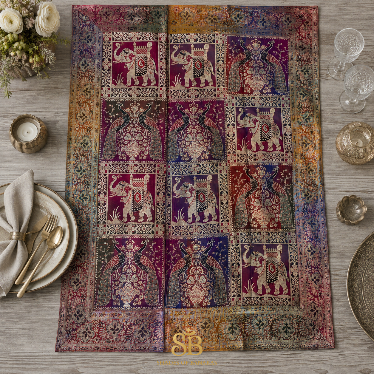 Arlecchino Dorato Tessitura Couture Pure Brocade Silk Banarasi Table Runner – authentic Banarasi handloom weave – Shades of Banaras