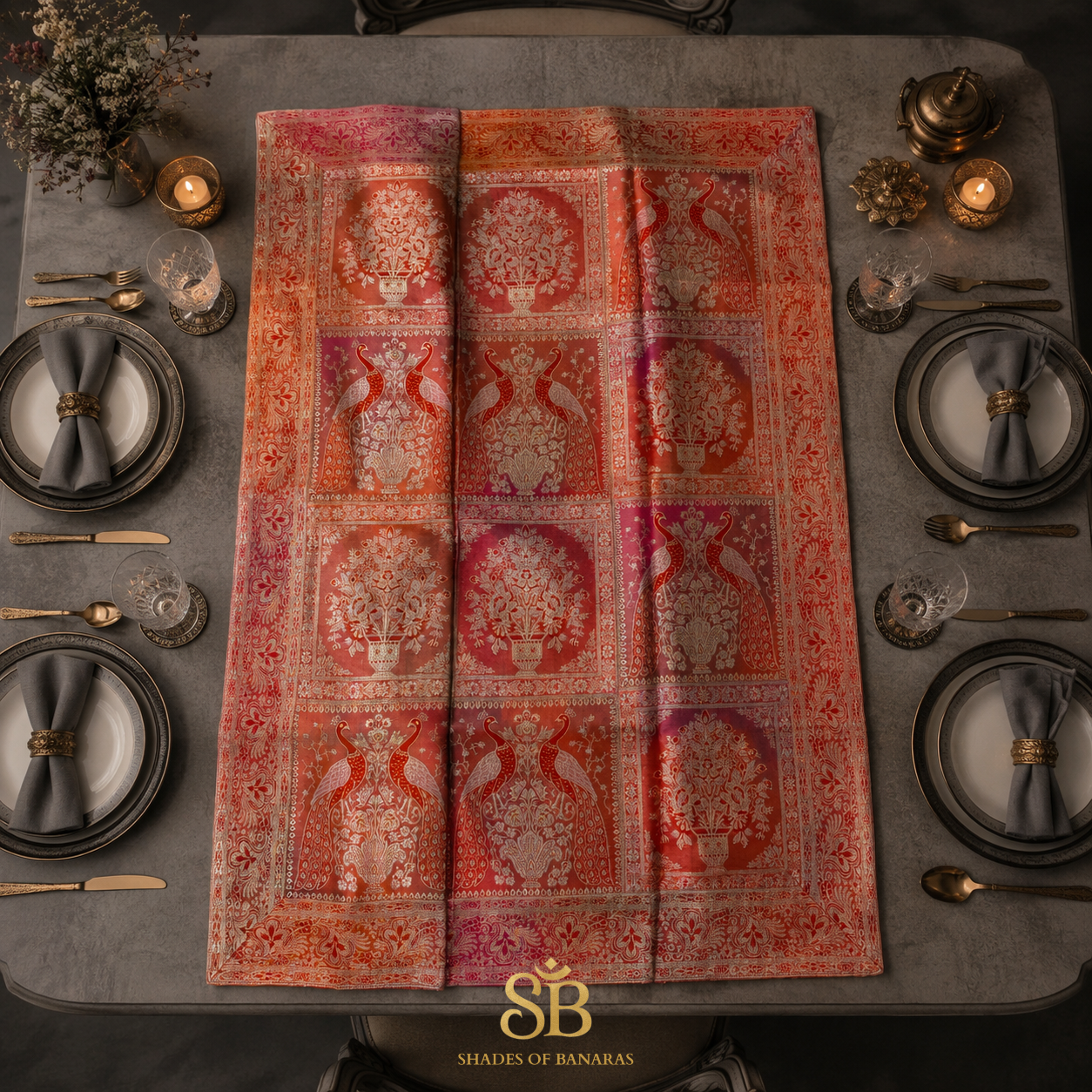 Arlecchino Splendido Manofatta Couture Pure Brocade Silk Banarasi Table Runner – authentic Banarasi handloom weave – Shades of Banaras