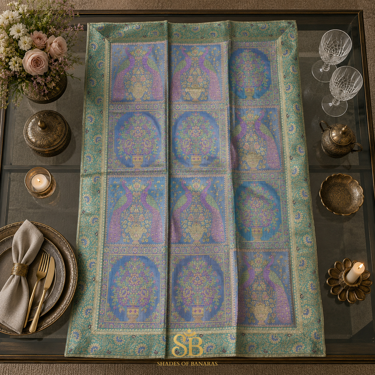 Blu Imperiale Artigianale Couture Pure Brocade Silk Banarasi Table Runner – authentic Banarasi handloom weave – Shades of Banaras