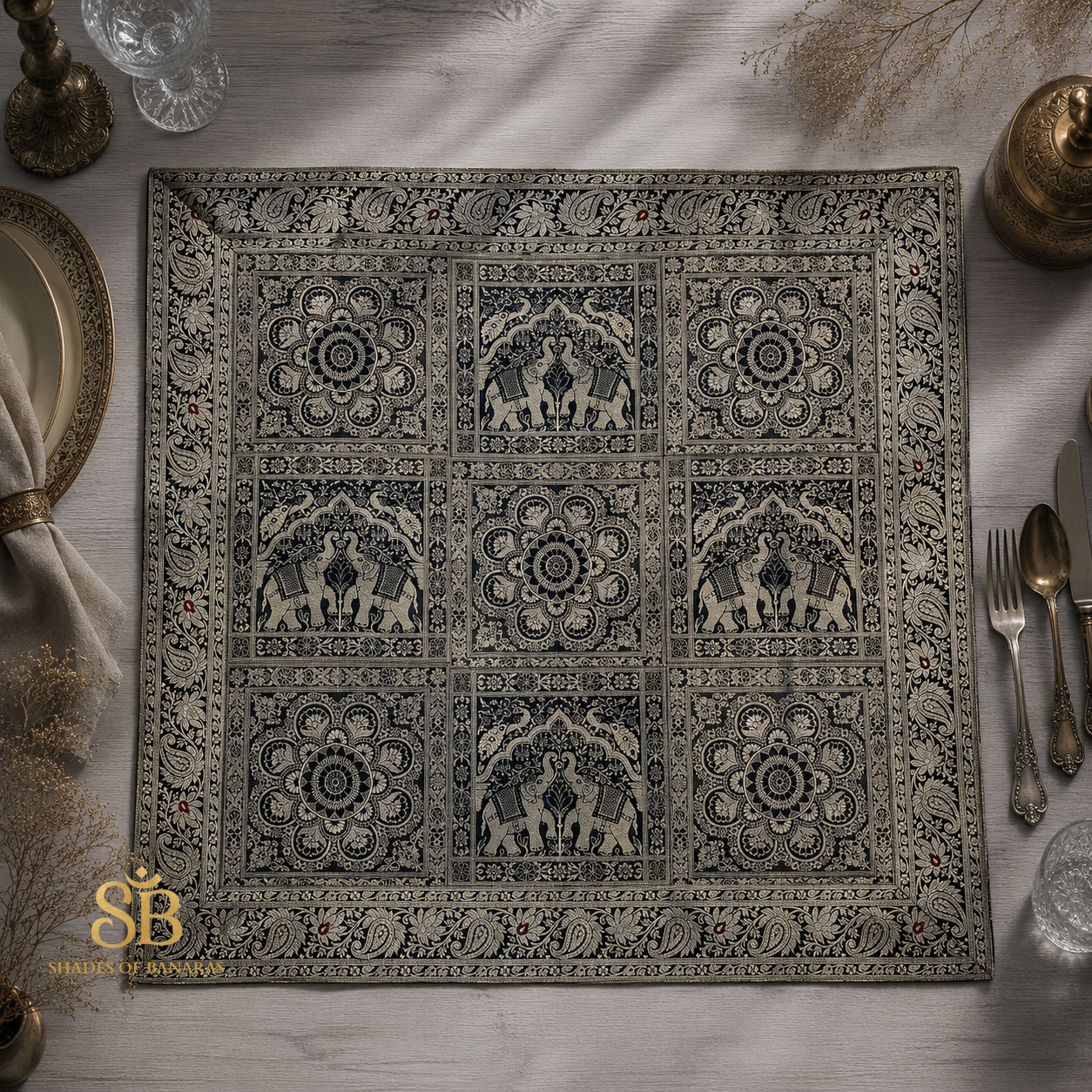 Nero Divino Tessitura Couture Pure Brocade Silk Banarasi Table Runner – authentic Banarasi handloom weave – Shades of Banaras