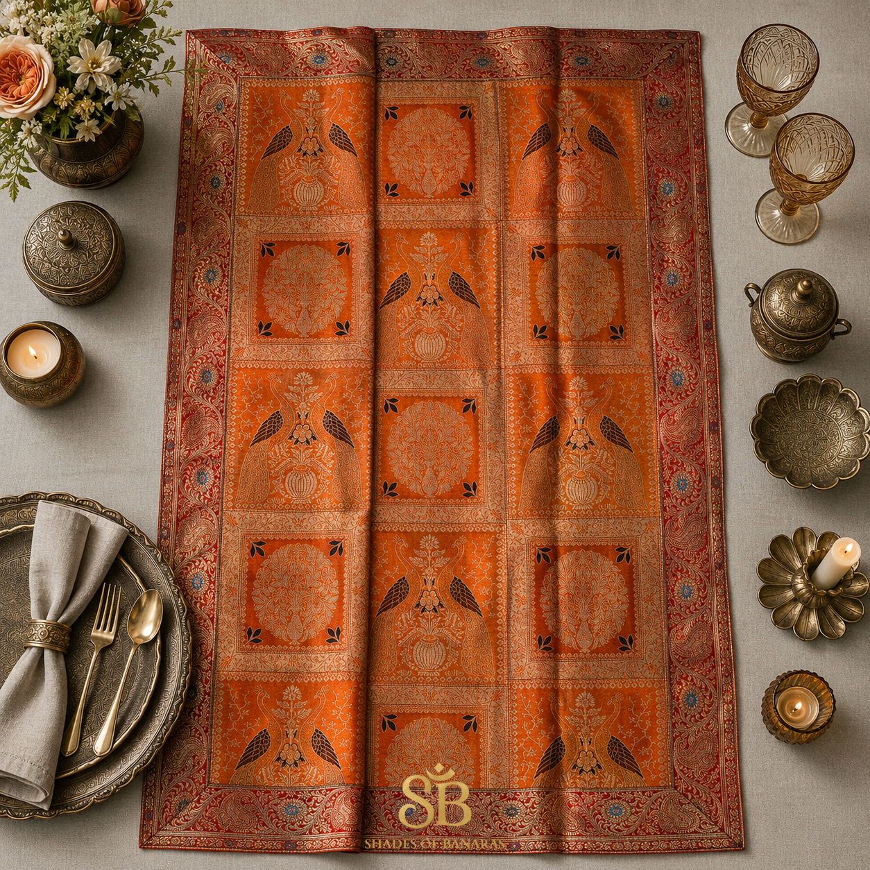 Arancio Regale Manotessuta Couture Pure Brocade Silk Banarasi Table Runner – authentic Banarasi handloom weave – Shades of Banaras