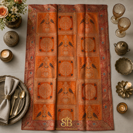 Arancio Regale Manotessuta Couture Pure Brocade Silk Banarasi Table Runner – authentic Banarasi handloom weave – Shades of Banaras
