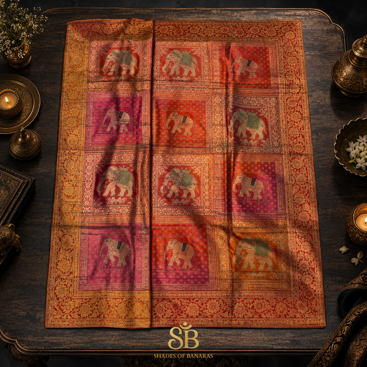 Variopinto Regale Manofatta Couture Pure Brocade Silk Banarasi Table Runner – authentic Banarasi handloom weave – Shades of Banaras