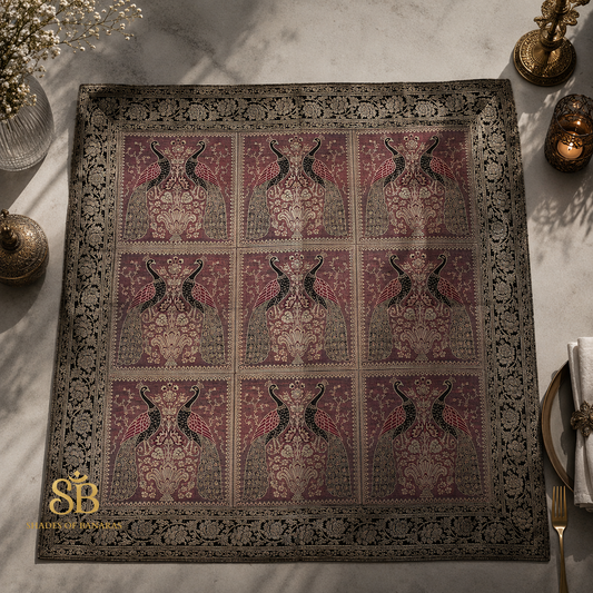Arlecchino Maestoso Tessitura Couture Pure Brocade Silk Banarasi Table Runner – authentic Banarasi handloom weave – Shades of Banaras
