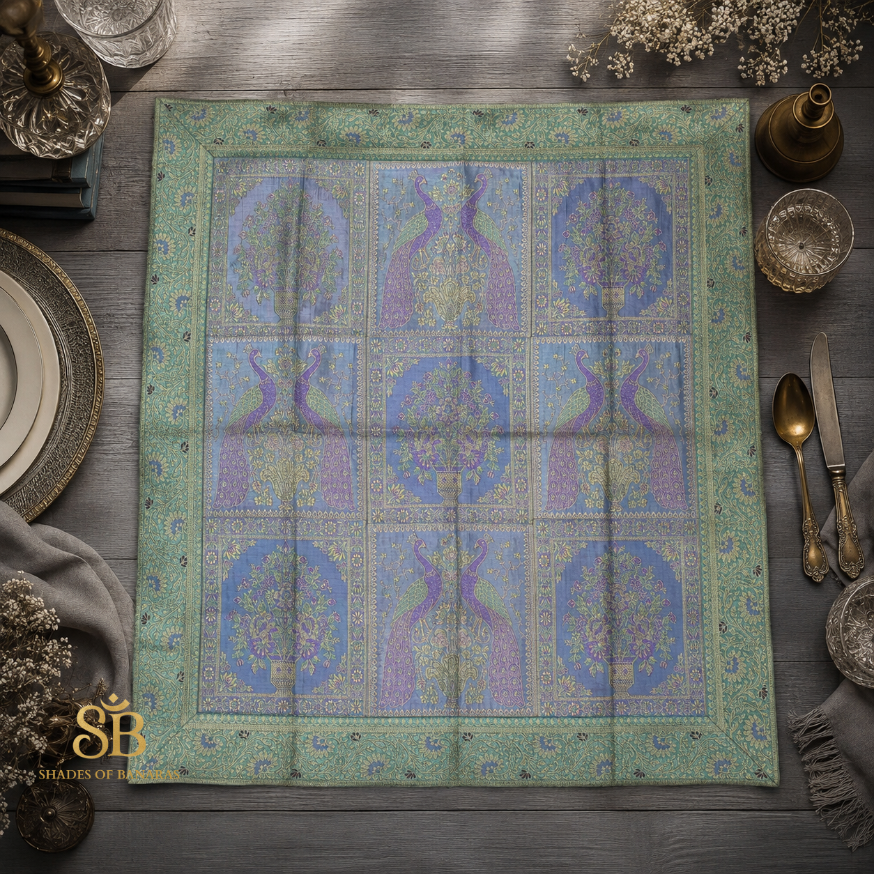 Blu Sontuoso Manofatta Couture Pure Brocade Silk Banarasi Table Runner – authentic Banarasi handloom weave – Shades of Banaras