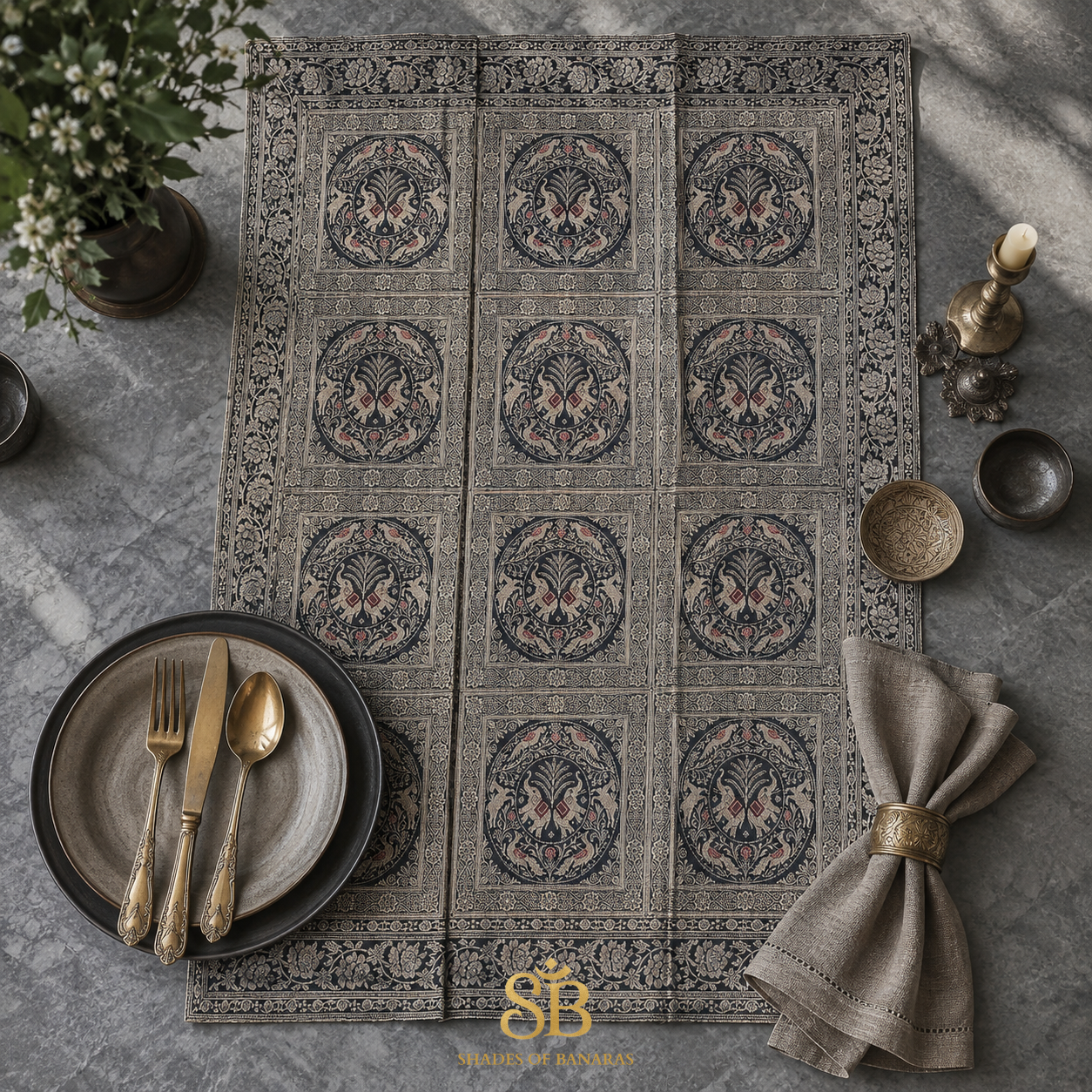 Nero Elegante Manotessuta Couture Pure Brocade Silk Banarasi Table Runner – authentic Banarasi handloom weave – Shades of Banaras
