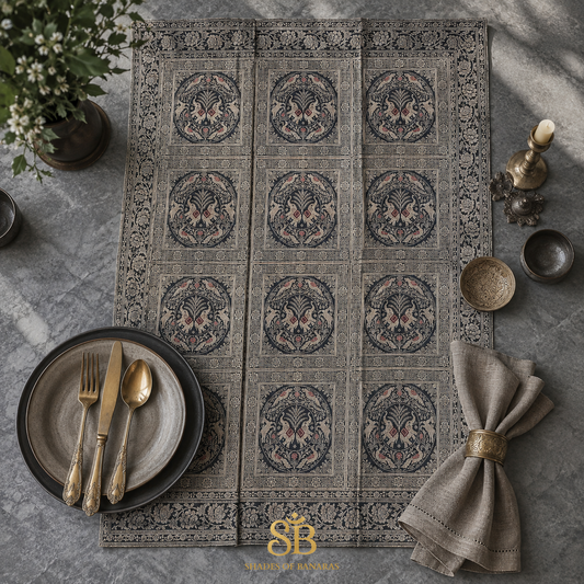 Nero Elegante Manotessuta Couture Pure Brocade Silk Banarasi Table Runner – authentic Banarasi handloom weave – Shades of Banaras