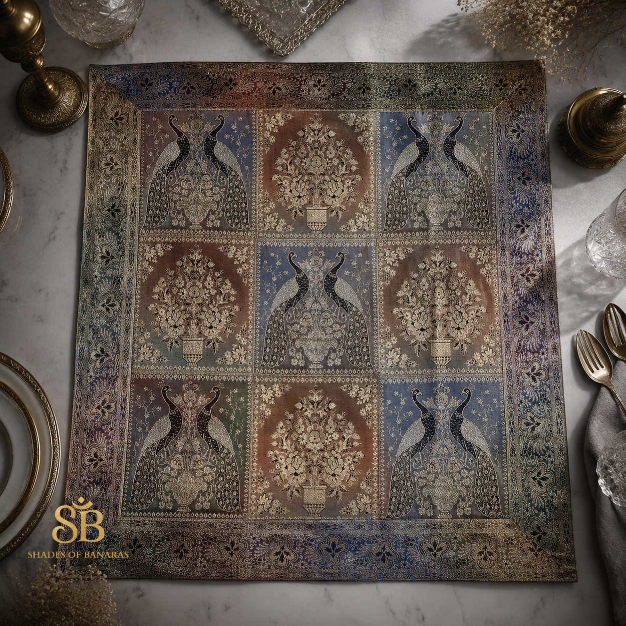 Variopinto Sontuoso Artigianale Couture Pure Brocade Silk Banarasi Table Runner – authentic Banarasi handloom weave – Shades of Banaras