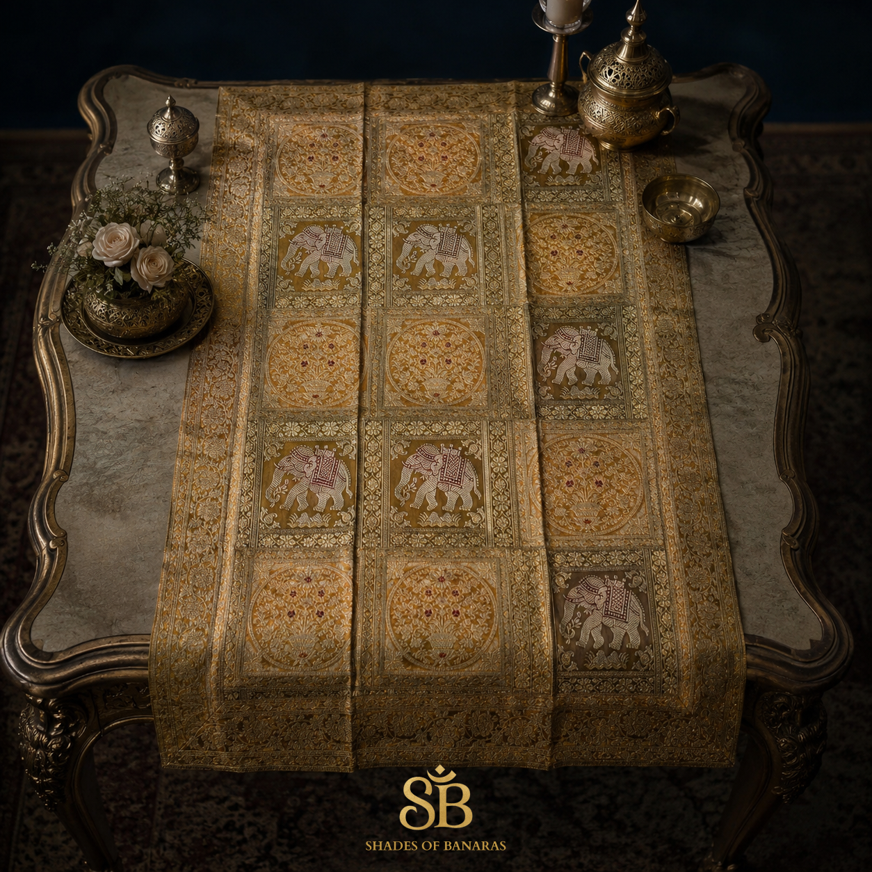 Senape Regale Manotessuta Couture Pure Brocade Silk Banarasi Table Runner – authentic Banarasi handloom weave – Shades of Banaras