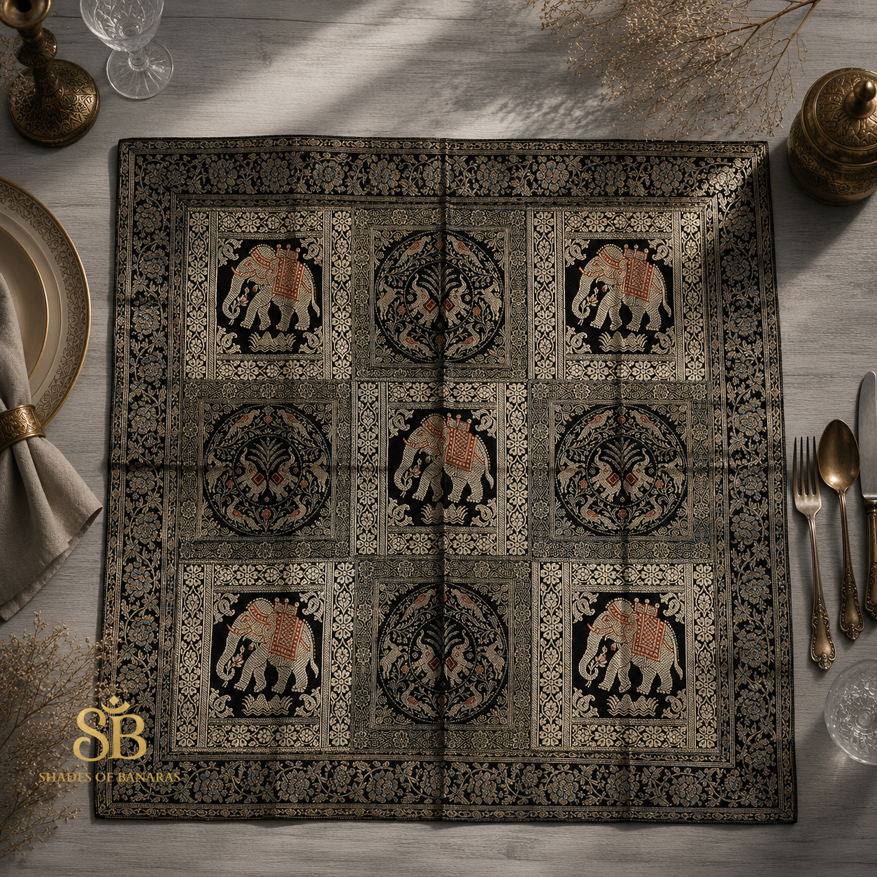 Nero Raffinato Manofatta Couture Pure Brocade Silk Banarasi Table Runner – authentic Banarasi handloom weave – Shades of Banaras