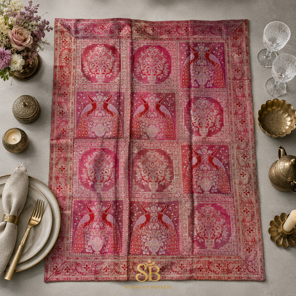 Rosa Sontuosa Manotessuta Couture Pure Brocade Silk Banarasi Table Runner – authentic Banarasi handloom weave – Shades of Banaras