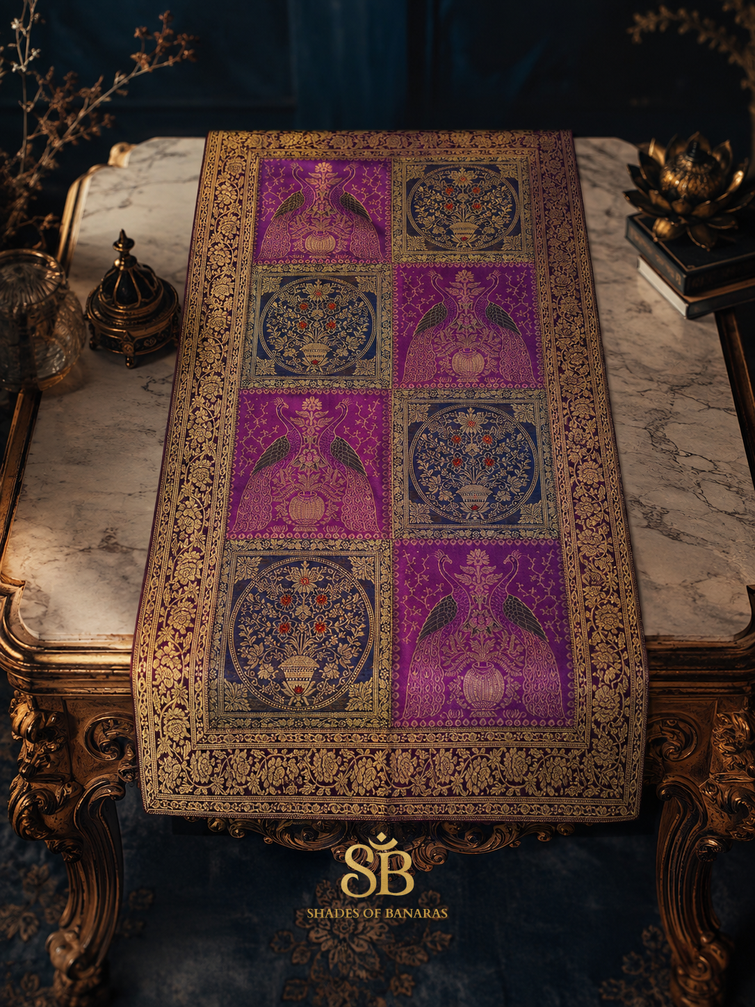 Variopinto Celeste Tessitura Couture Pure Brocade Silk Banarasi Table Runner – authentic Banarasi handloom weave – Shades of Banaras