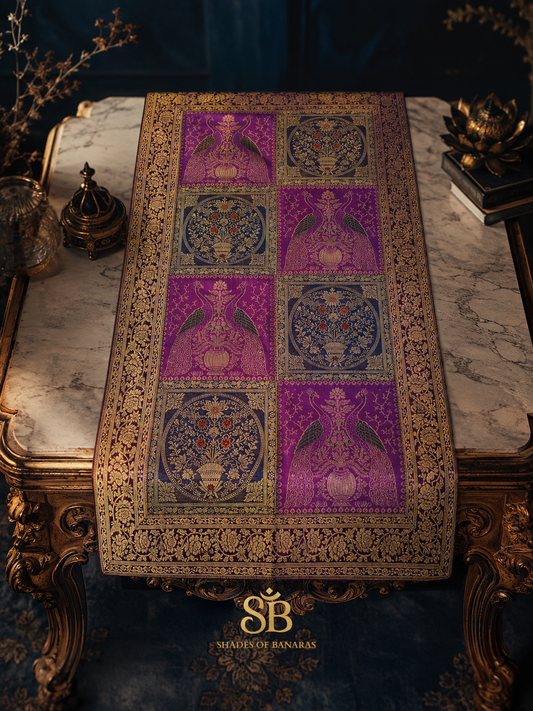 Variopinto Celeste Tessitura Couture Pure Brocade Silk Banarasi Table Runner – authentic Banarasi handloom weave – Shades of Banaras