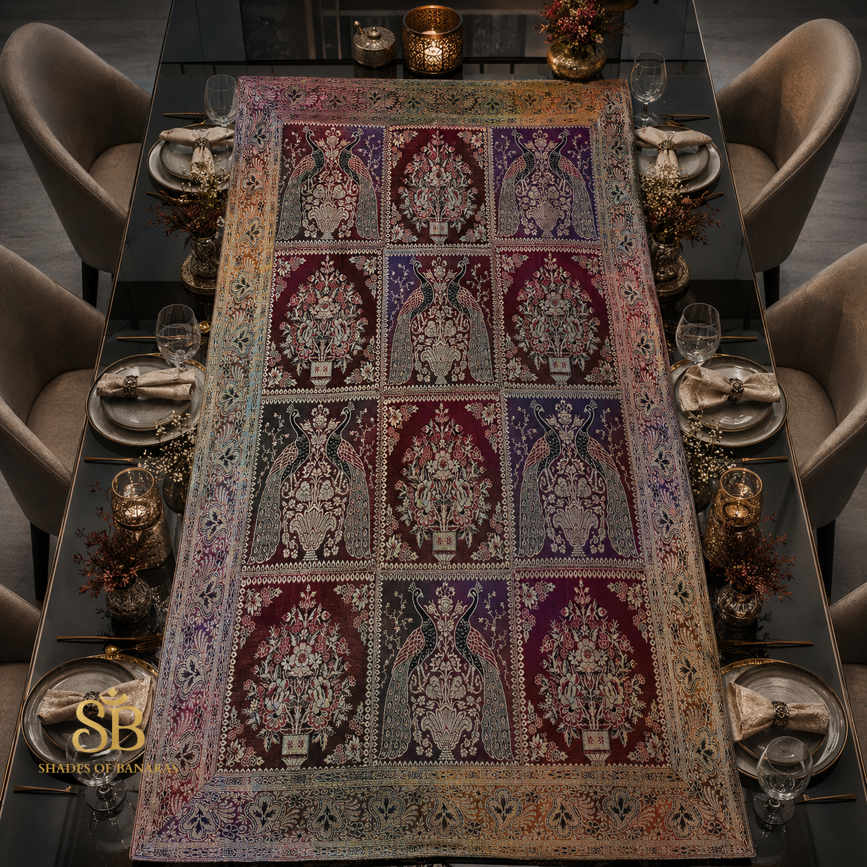 Variopinto Nobile Manofatta Couture Pure Brocade Silk Banarasi Table Runner – authentic Banarasi handloom weave – Shades of Banaras