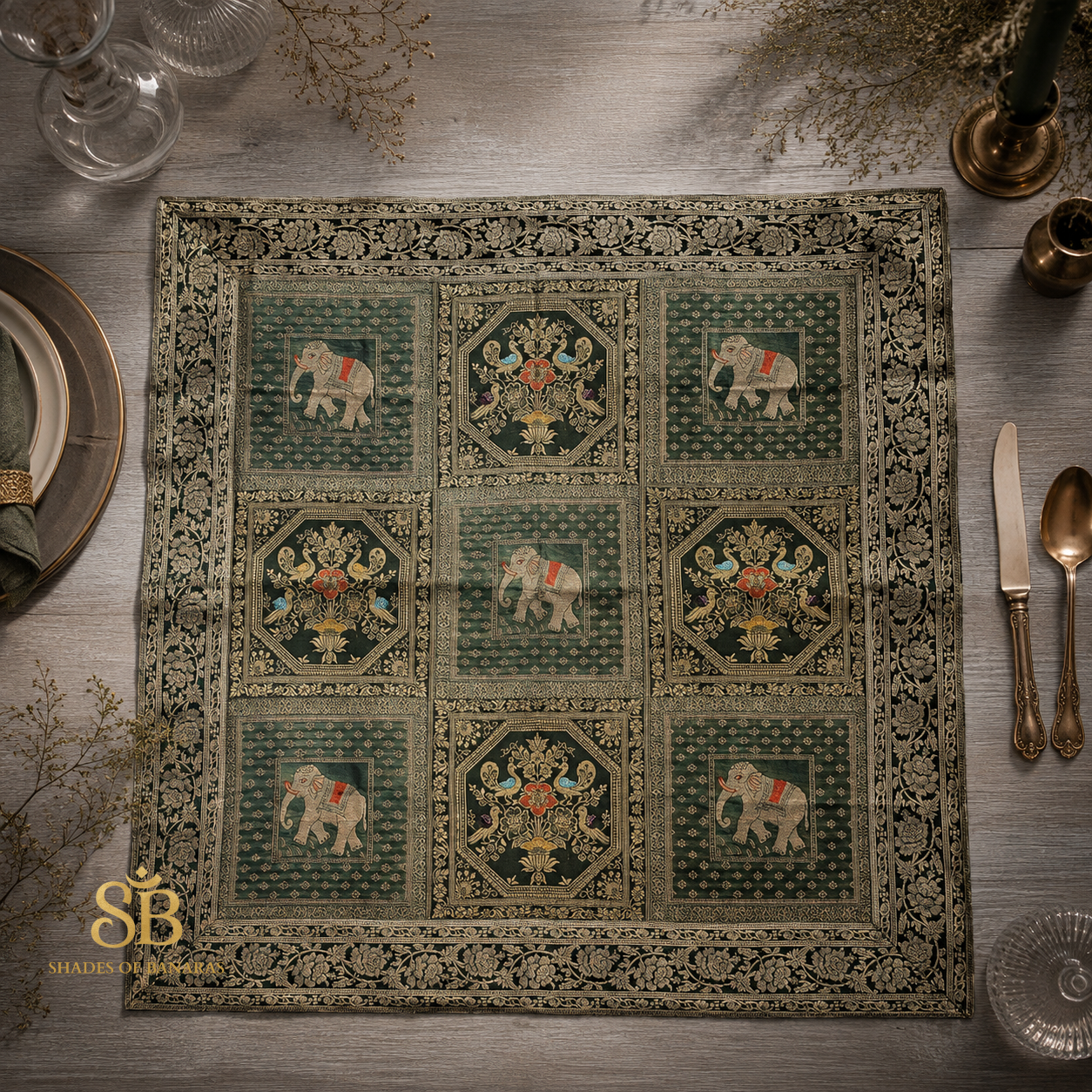 Verde Smeraldo Manotessuta Couture Pure Brocade Silk Banarasi Table Runner – authentic Banarasi handloom weave – Shades of Banaras