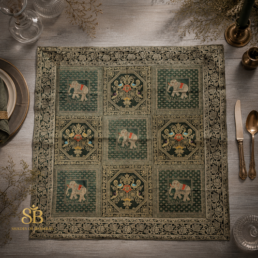 Verde Smeraldo Manotessuta Couture Pure Brocade Silk Banarasi Table Runner – authentic Banarasi handloom weave – Shades of Banaras