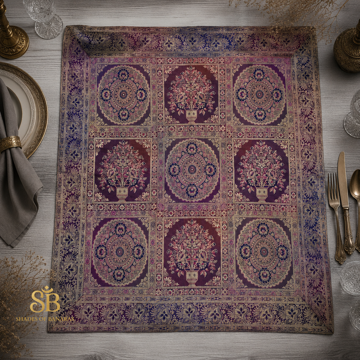 Rosa Imperiale Artigianale Couture Pure Brocade Silk Banarasi Table Runner – authentic Banarasi handloom weave – Shades of Banaras