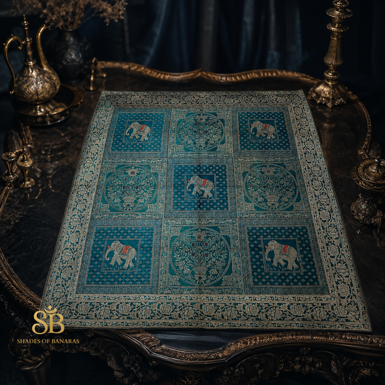 Blu Nobile Tessitura Couture Pure Brocade Silk Banarasi Table Runner – authentic Banarasi handloom weave – Shades of Banaras