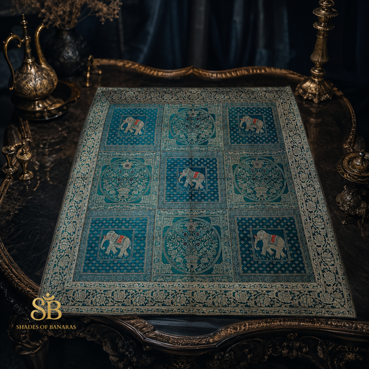Blu Nobile Tessitura Couture Pure Brocade Silk Banarasi Table Runner – authentic Banarasi handloom weave – Shades of Banaras