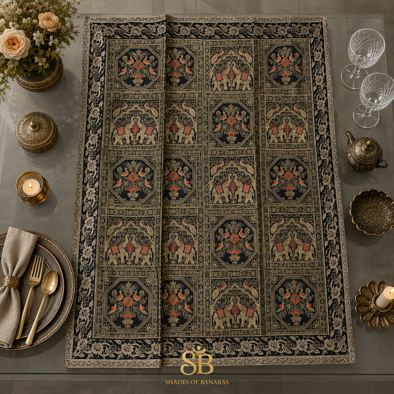 Nero Sontuoso Manofatta Couture Pure Brocade Silk Banarasi Table Runner – authentic Banarasi handloom weave – Shades of Banaras