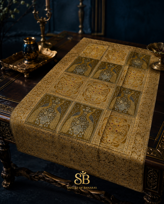 Giallo Dorato Manotessuta Couture Pure Brocade Silk Banarasi Table Runner – authentic Banarasi handloom weave – Shades of Banaras