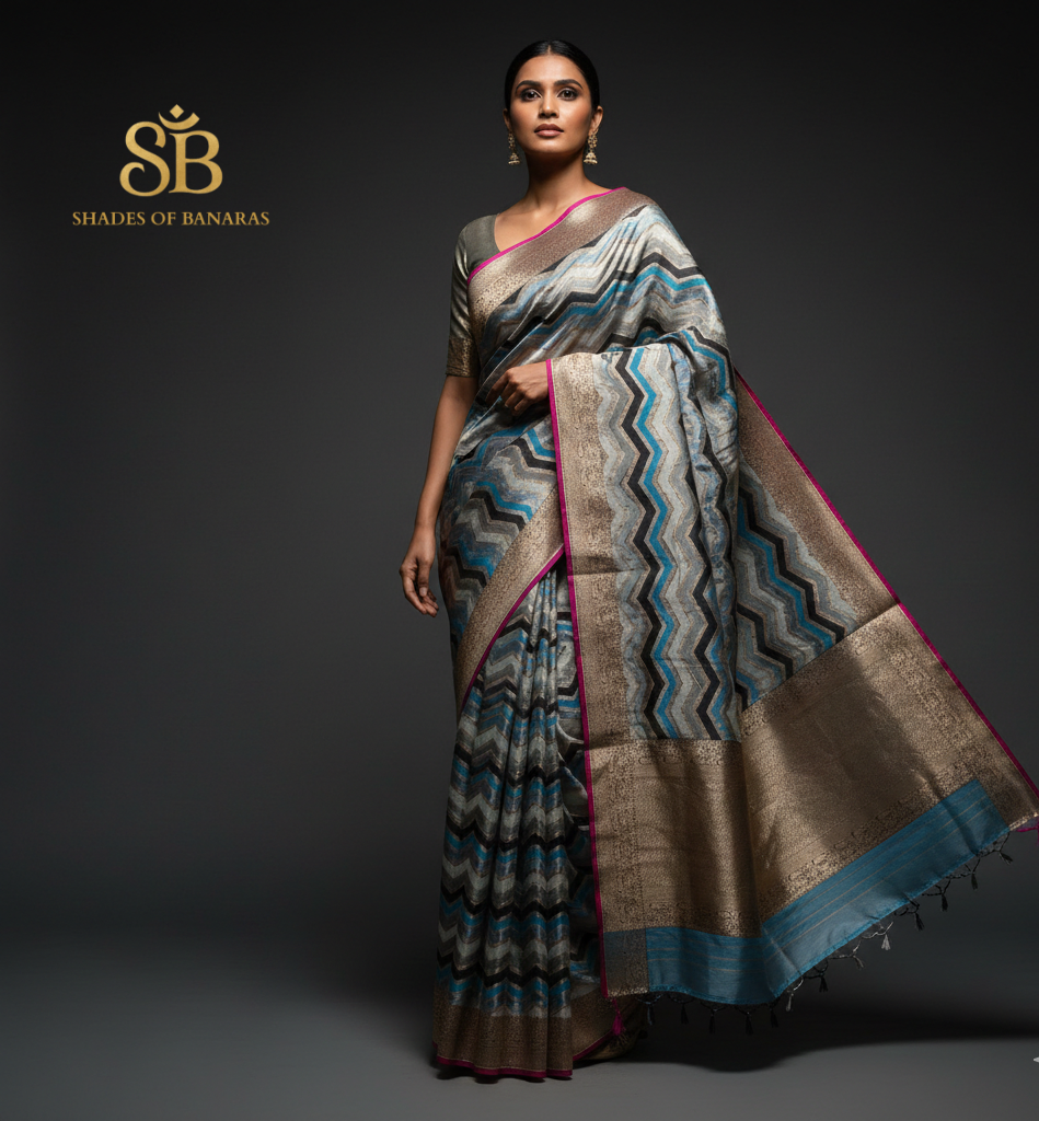 Bluish Grey Rangkaat Luxe Couture – Pure Silk Banarasi Saree by Shades Of Banaras - banarasi - banarasi saree shop - banarasi saree manufacturers - banarasi saree wholesale - banaraasi sarees - banarasi sari - banarasi saris